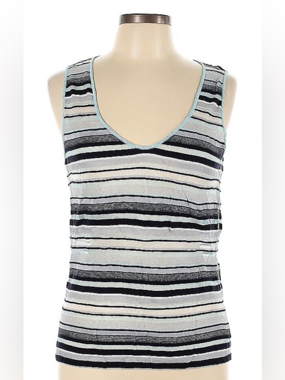 Armani Collezioni Striped V-Neck Tank Top - Black, White & Light Blue Trim